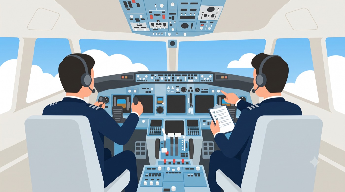 旅客機のコックピット。左のパイロットが操縦し、右のパイロットがチェックリストで確認している。